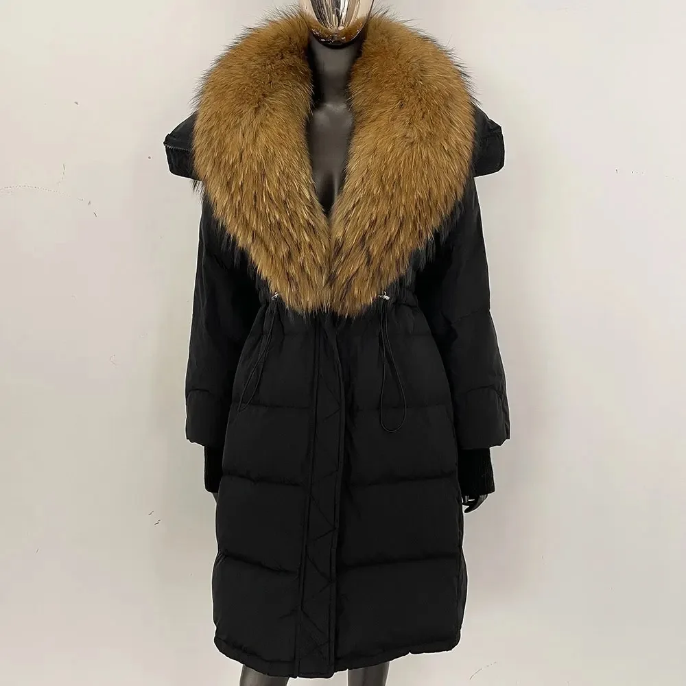 화이트 덕 다운 재킷 리얼 폭스 퍼 코트 겨울 여성용 롱 내추럴 라쿤 퍼 패딩 재킷 여성용 따뜻한 퍼 다운 코트
