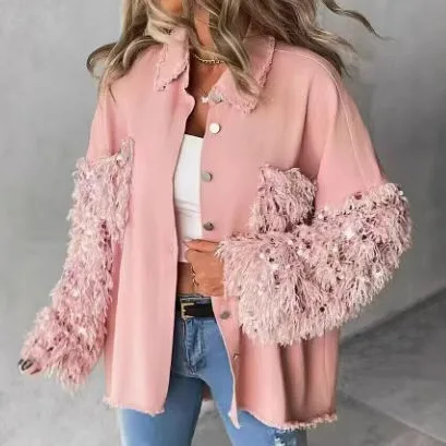 2025 New Spring and Autumn New Loose Casual Sequin Denim Tassel Shirt Jacket Women Clothing