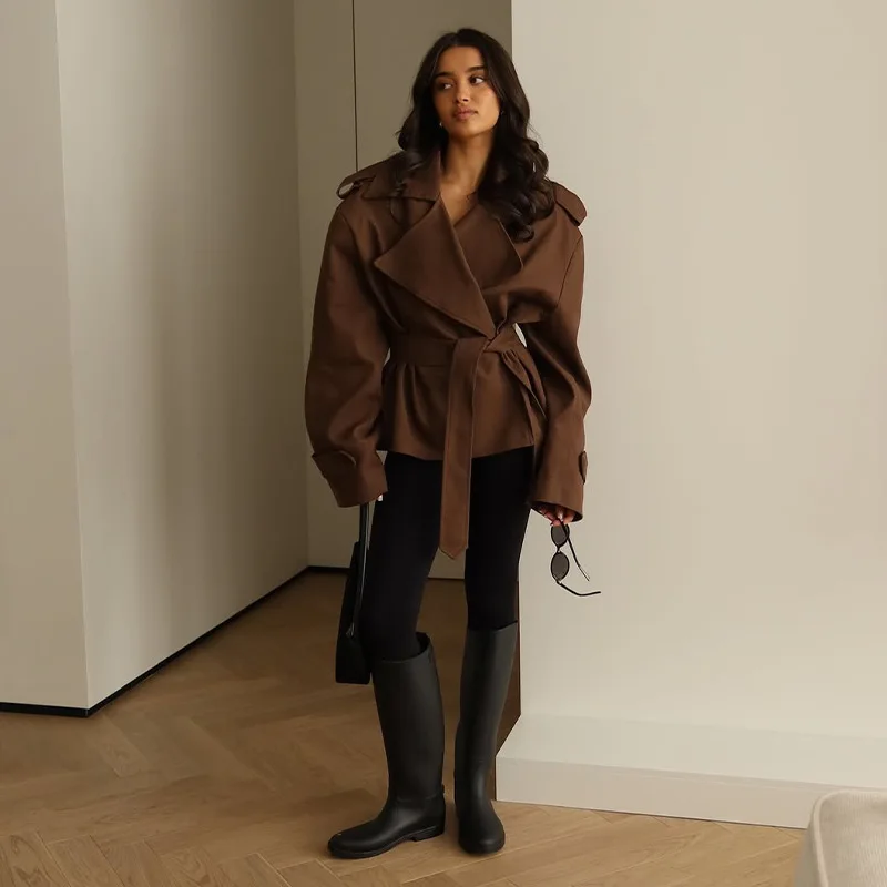 

Fashionable Solid Color Long Sleeve V-Neck Belted Casual Jacket Women's New Arrival Autumn From Europe And America