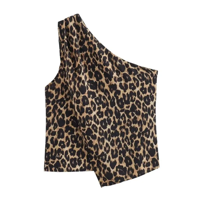 New Chic Animal Print Asymmetrical Slant Neck Summer Women's Retro Sleeveless Slim Cropped Tank Top Streetwear