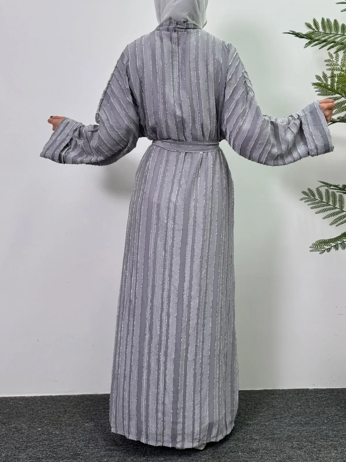 Muslim Open Front Abayas Long Sleeve Maxi Length Lace-up Ramadan Dresses Women Kaftan Jilbabs Outwear Cardigan Coats