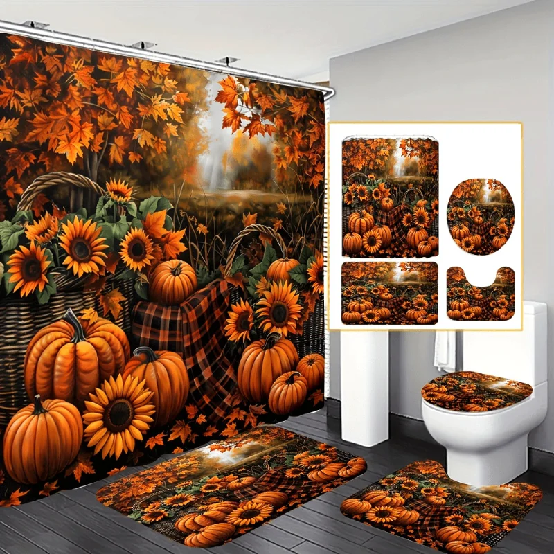 4pcs Autumn Pumpkin and Joy Printed Shower Curtain Set, Decorative Bathroom Set Including Waterproof Shower Curtain, Non-slip