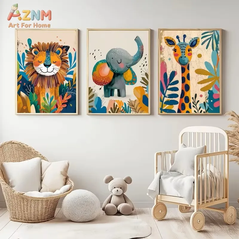 3PCS Nursery Safari Animal Canvas Wall Art Set Lion Elephant and Giraffe Watercolor Prints Posters Colorful Boho Jungle Style Un
