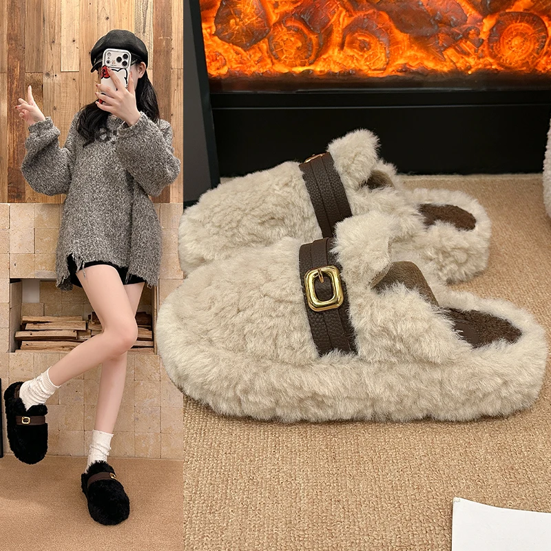 

Cute Plush Slip-On Lazy Shoes for Women, 2025 Winter Warm Fuzzy Shoes with Buckle, Plush Lined Thick Sole Indoor Outdoor
