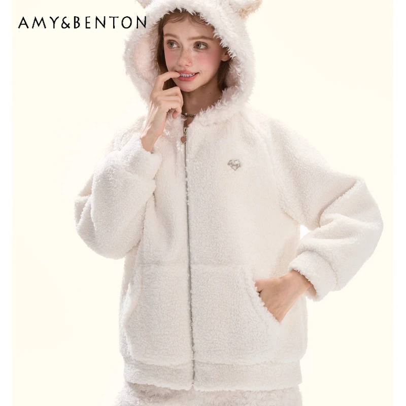 

Original White Hooded Zipper Thickened Fleece Women's Sweatshirt Coat Autumn Winter Loose Slimming Versatile Shorts Set Ladies