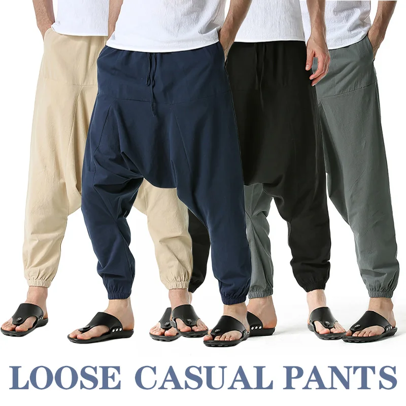 

Men Cotton and Linen Pants Harem Pants Baggy Casual Oversize Loose Joggers Wide Leg Pants Yoga Drop Crotch Trousers Hip Hop