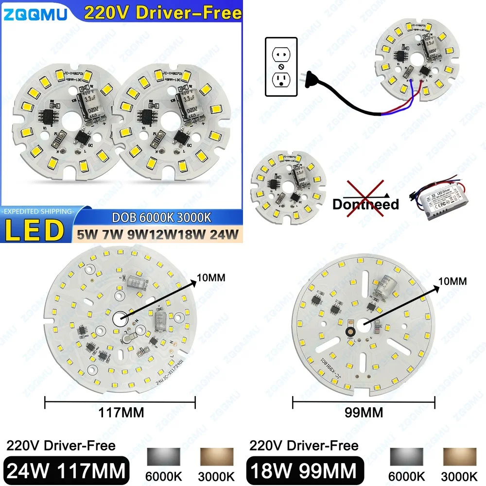 10PCS 24W 18W 12W 9W 7W 5W LED Chip SMD 2835 DOB AC 220V 240V No Driver Needed Cool Warm White Round Bulb Lamp Beads High
