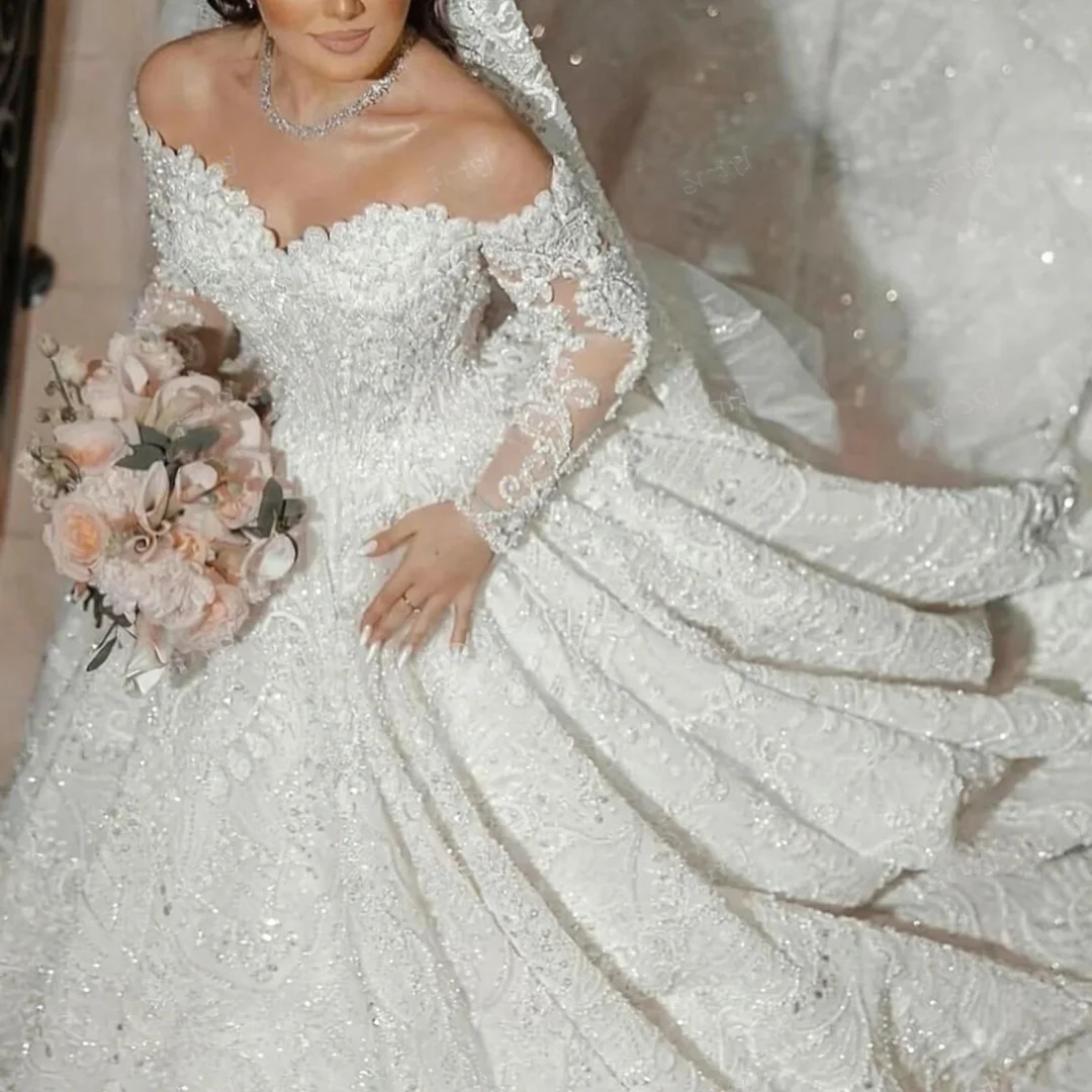 Vestido de casamento luxuoso personalizado, organza com contas bordadas, princesa, vestido de baile, gola redonda, noiva formal, vestidos de festa