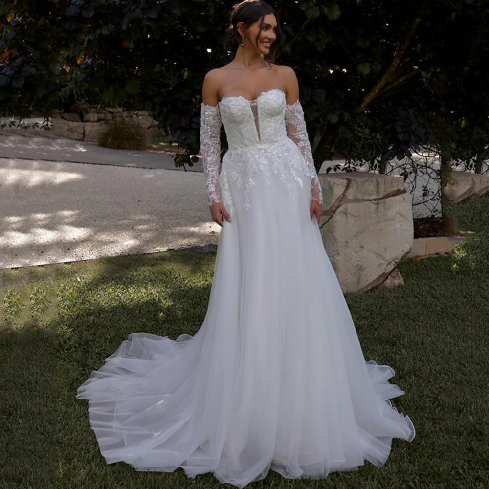 

Modern Strapless Wedding Dress Classic Tulle A-Line Customized with Applique Bridal Open Back Floor Length Sweep Train Gowns