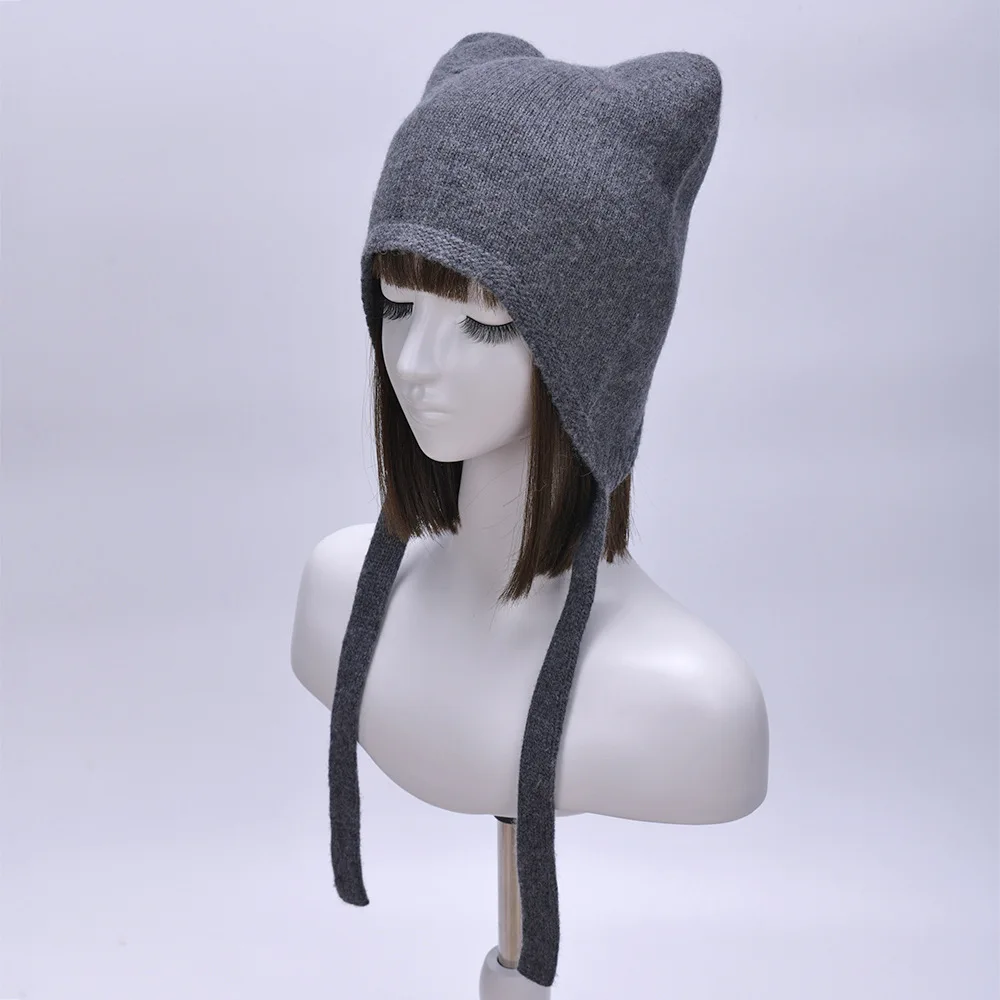 Women Cute Cat Ear Knit Beanie Hat Plush Soft Wool Blend Ear Flap Pullover Bomber Cap with Tie Strings Autumn Winter
