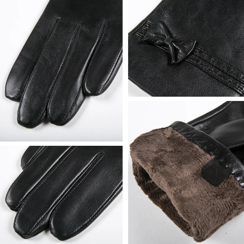 GOURS Winter Real Leather Gloves Women Red Genuine Goatskin Gloves with Fleece Lining Warm Driving Fashion Bowknot New GSL006