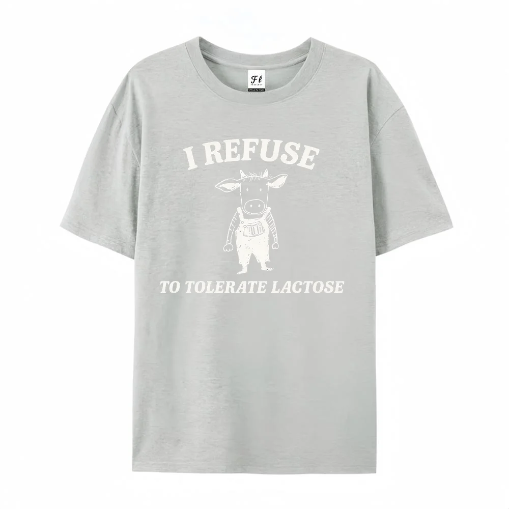 Mens I Refuse To Tolerate Lactose Graphic T Shirts Funny Cow Overall Print Humor Slogan Casual Short Sleeve Crew Neck Top