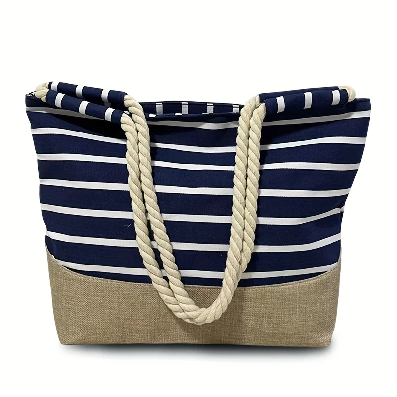 Vintage Bohemian Style Blue Striped Women's Tote Bag, Perfect for Travel, Shopping, and Daily Use, Large Capacity, Portable image 6