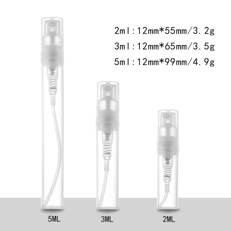 50/100/200pcs 2ML 3ML 5ML Bottiglia di profumo portatile in plastica trasparente Atomizzatore Bottiglia spray Mini campione Provetta Fiale in PET sottile