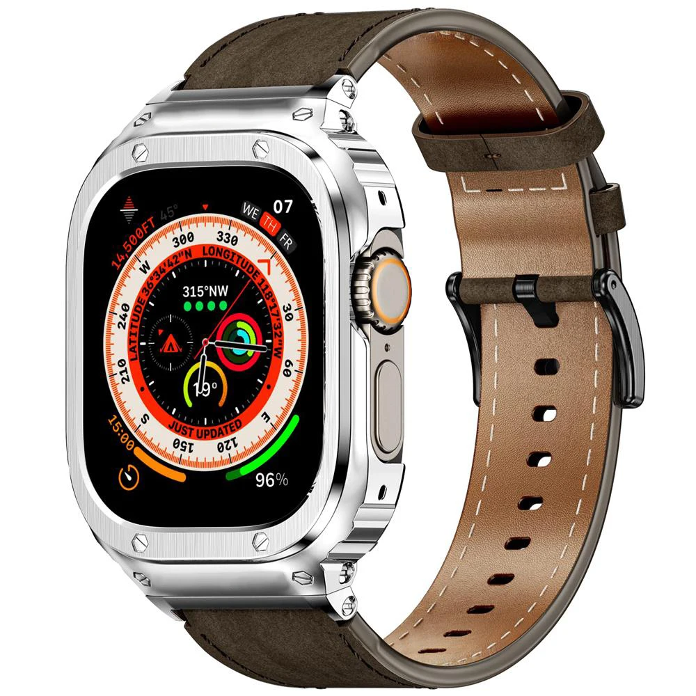 Metal Case+Leather Strap For Apple Watch Band 49mm 44mm 45mm 40mm 41mm correa bracelet iwatch series se 4 5 6 7 8 9 ultra 2 band