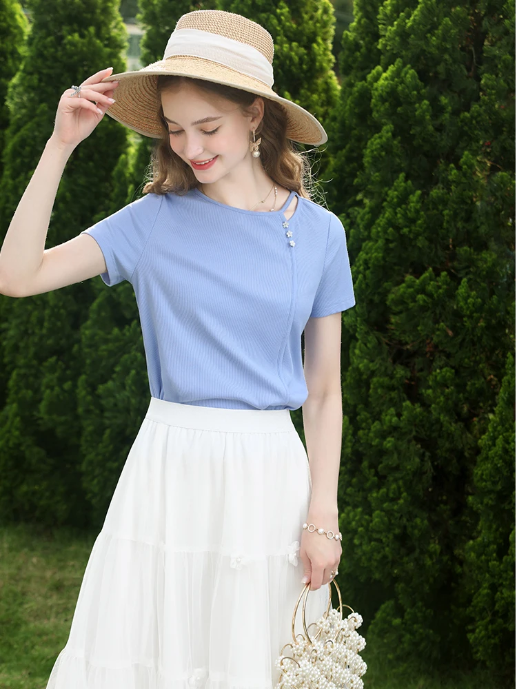 I BELIEVE YOU Tees for Women 2024 Summer New Knitted T-shirts Chic Short Sleeves Slim Solid Office Lady Casual Tops 2232015141