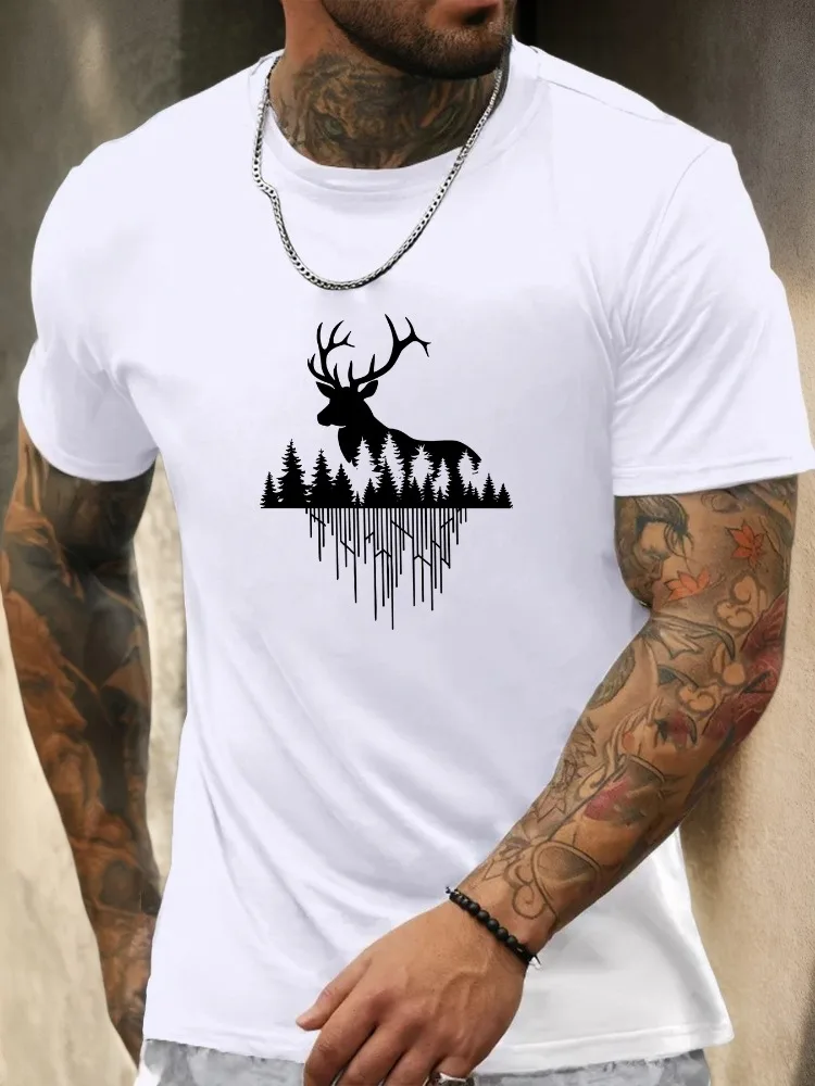 Mens Crew Neck Tee Wild Deer Forest Nature Silhouette Print Soft Cotton Short Sleeve Outdoor Hike Casual Summer Daily Basic Top