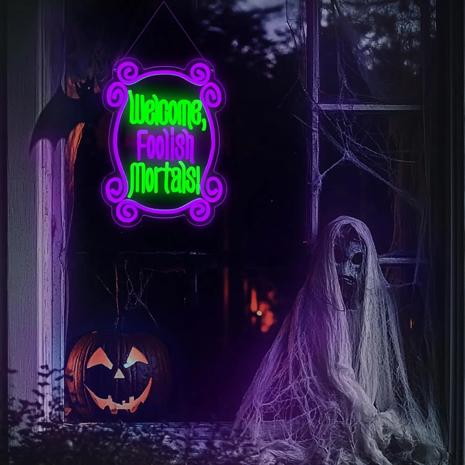 Welcome Foolish Mortals Neon Sign Haunted Mansion Decor USB Dimmable Spooky Gothic Coffin LED Neon Light Halloween Party Decor