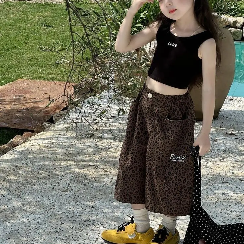 2026 Girls Pants Children Clothing Summer High-end Vest New American Retro Trend Leopard Print Wide Leg Pants