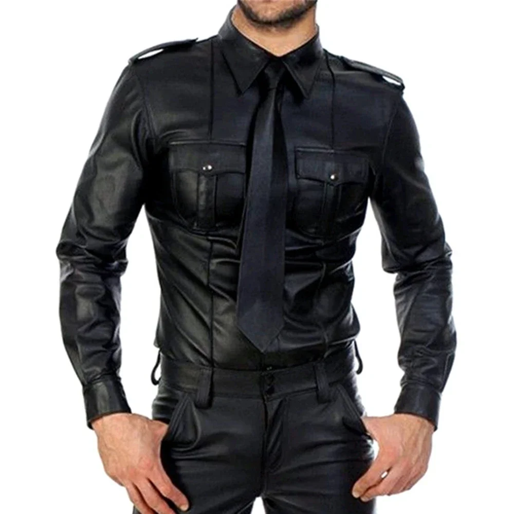 Men Exotic Faux Leather Shirts PU Sexy Fitness Tops Gay Latex T-shirt Tees Tops Party Clubwear