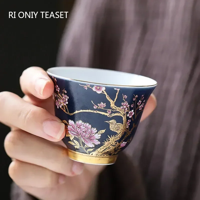 1 Pc Palace Luxury Ceramic Teacup Hand Painted Flowers Tea Bowl Handmade Tea Cup Tie Guanyin Pu'er Home Porcelain Tea Set 65ml