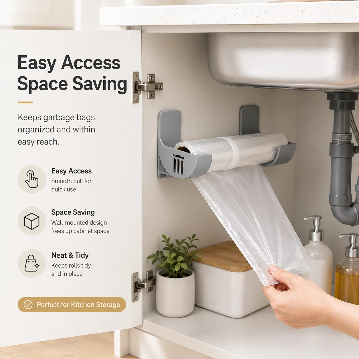 Punch-Free Storage Rack, Kitchen Plastic Wrap and Garbage Bag Holder with Strong Adhesive, Wall Mounted Organizer