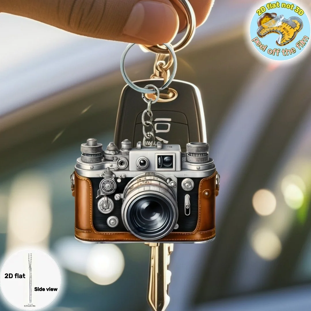 Retro 2D Camera Keychain Photography Themed Flat Acrylic Pendant Hanging Ornament for Car Bag Festive Home Party Gift For Him