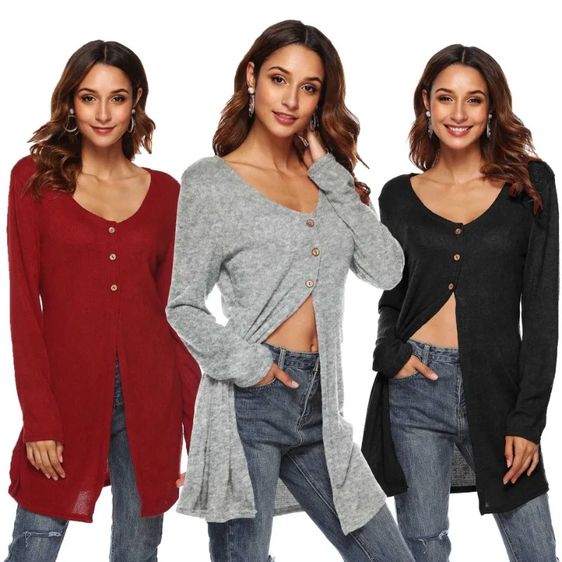 

High split sexy knitted cardigan women long sleeve sweater thin jacket