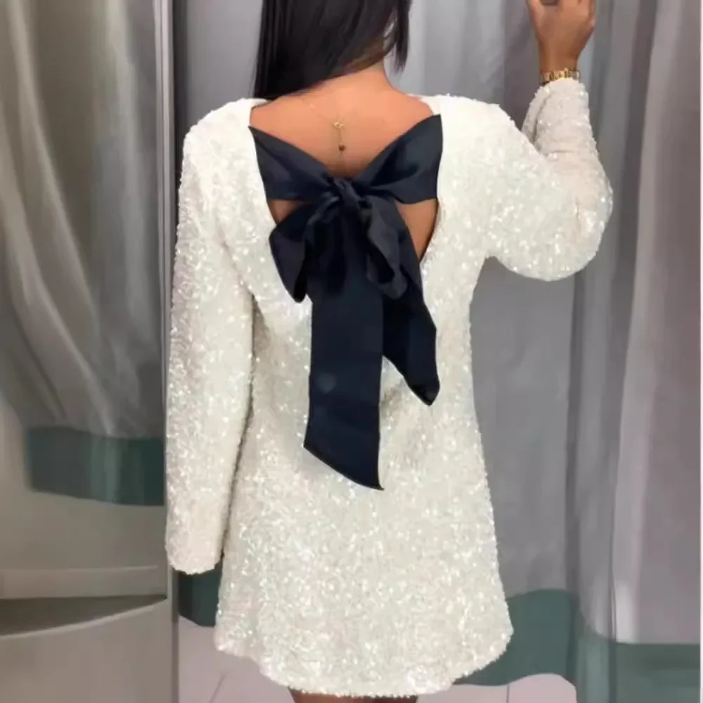 

Chic Christmas Bowknot Sequin Dress For Women Autumn Elegant Long Sleeve Shiny Mini Dress Female Backless Evening Party Vestidos