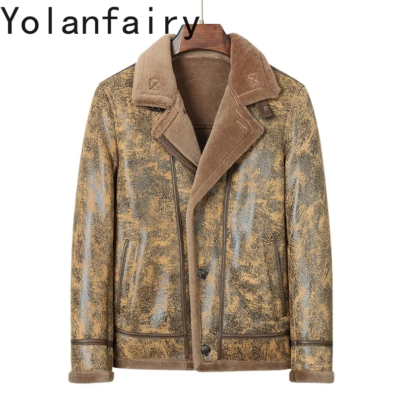 YOLANFAIRY Real Sheepskin Man Leather Jacket Autumn Winter Warm Wool Lining Short Lapel Leather Coat Motorcycle Brown Jackets
