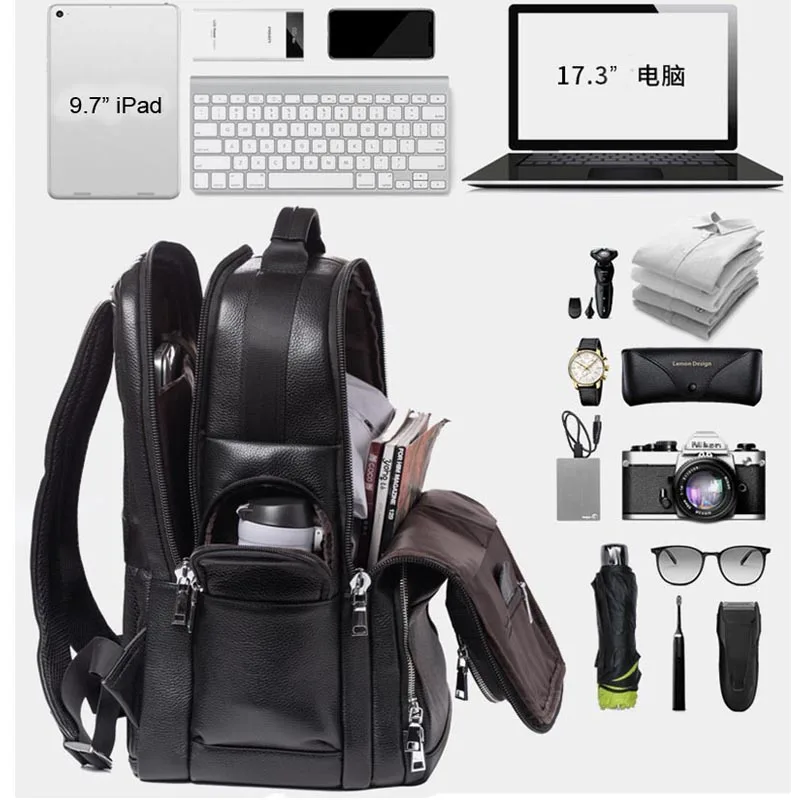 USB Charging Men Backpack Genuine Cow Leather Waterproof 16 inch Laptop Daypack Schoolbag Big Male Travel Rucksack Black