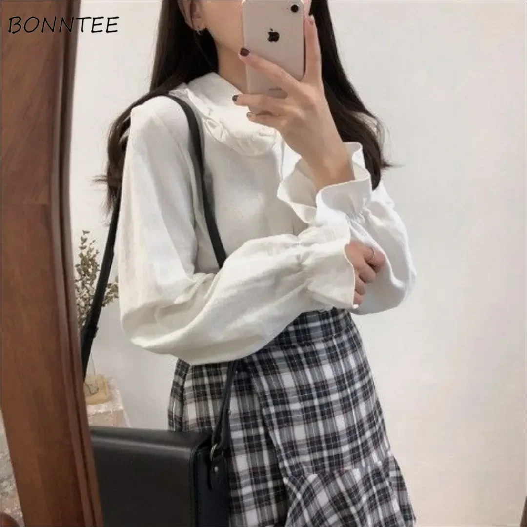 Summer Casual Shirts Women Long-sleeve Peter Pan Collar Stylish All-match Simple Literary Korean Style Schoolgirls Versatile