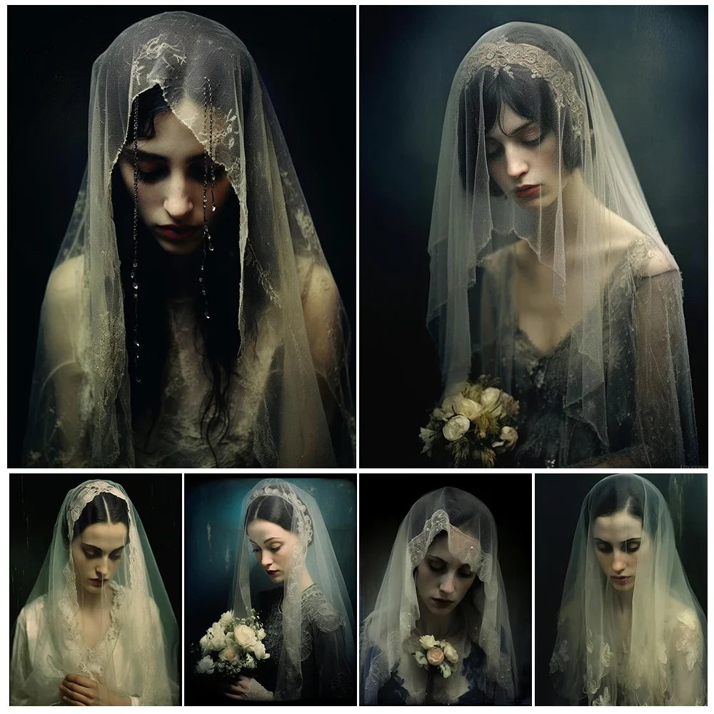 

Girl In Veil Holding Flowers Vintage Photography Art Poster And Print Pensive Woman Wall Art Canvas Painting Home Decor Unframed