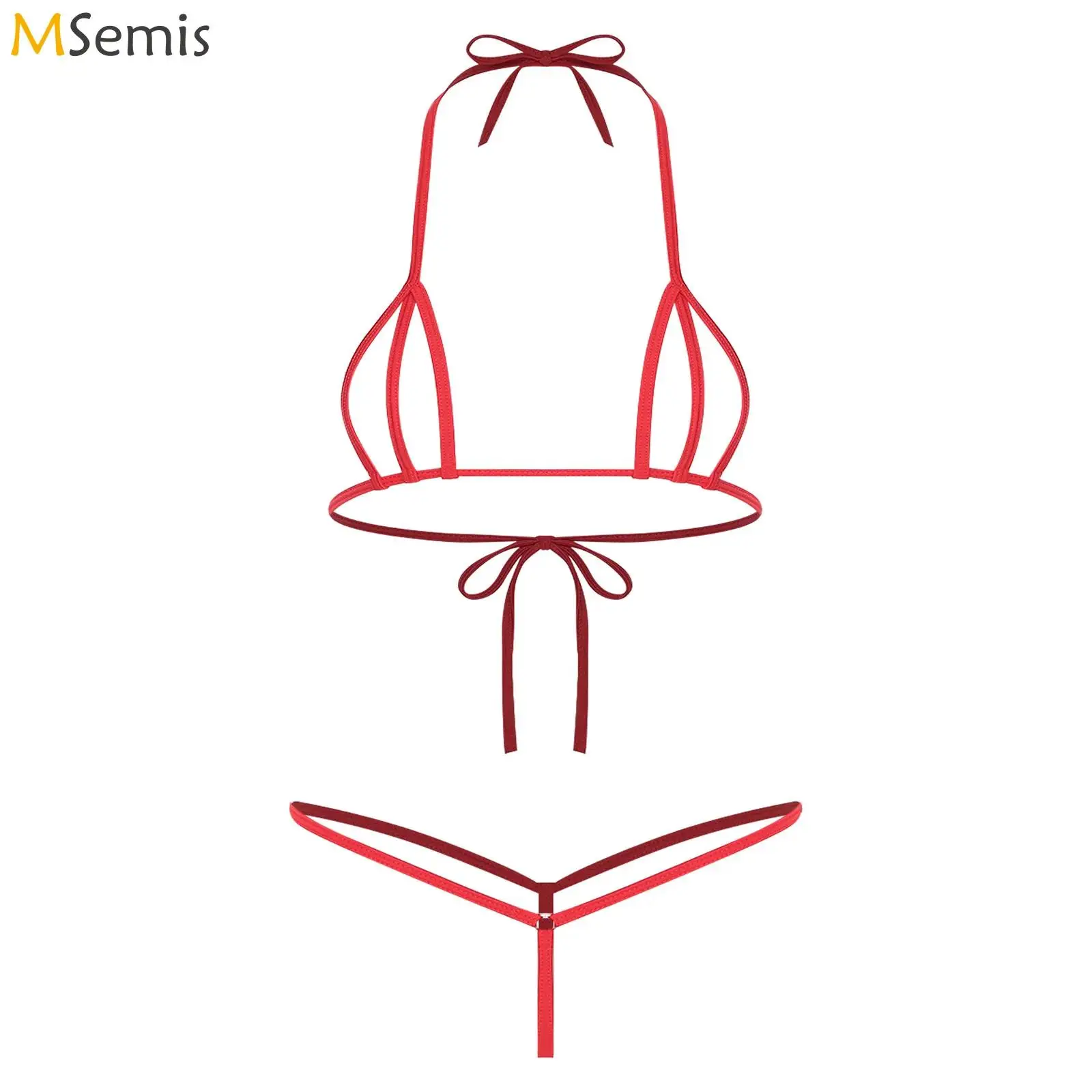 Womens Micro Bikini Swimsuit Lace-up Halter Bra Top And T-back Thong Bikini Swimwear Underwear Lingerie Set Beach Bathing Suit
