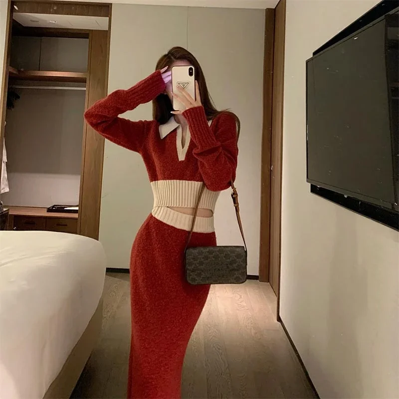 Retro Top Red Pullover Sweater 2 Piece Sets Womens Outfits High Waist A Line Knit Skirts Dress Suit 2025 New Club Party