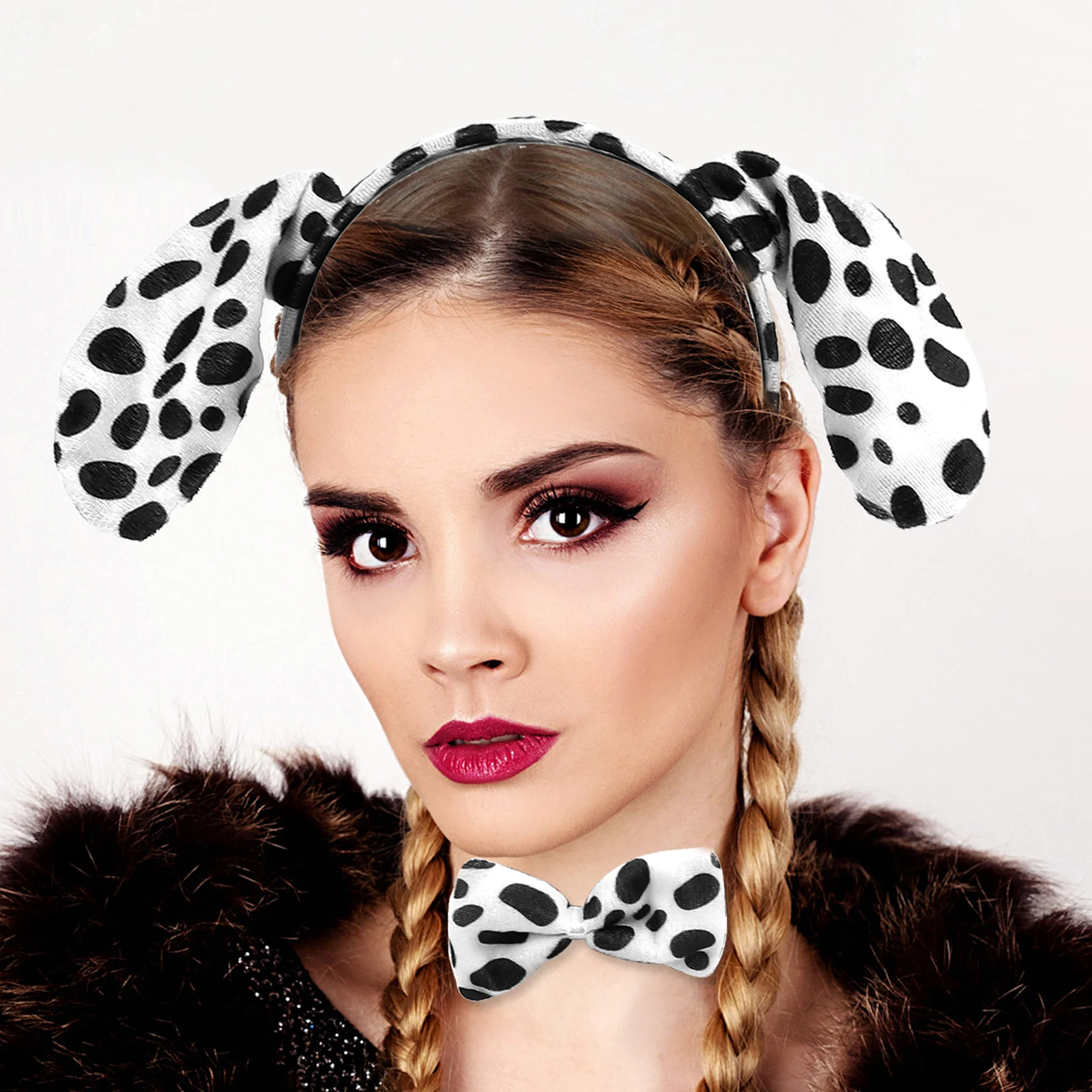 

3 комплекта, повязки на голову с собачьими ушками далматина, хвост животного, плюшевый костюм, аксессуары для детей и взрослых, вечерние головные уборы на Хэллоуин, обручи, костюмы