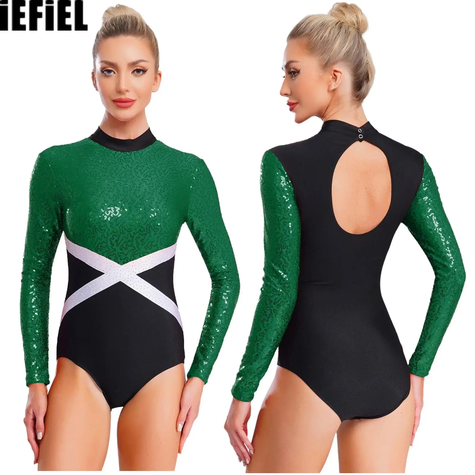 

Womens Ballet Dance Leotard Glittery Sequin Gymnastic Contrast Color Back Hollow-Out One-piece Jumpsuit for Figure Skating