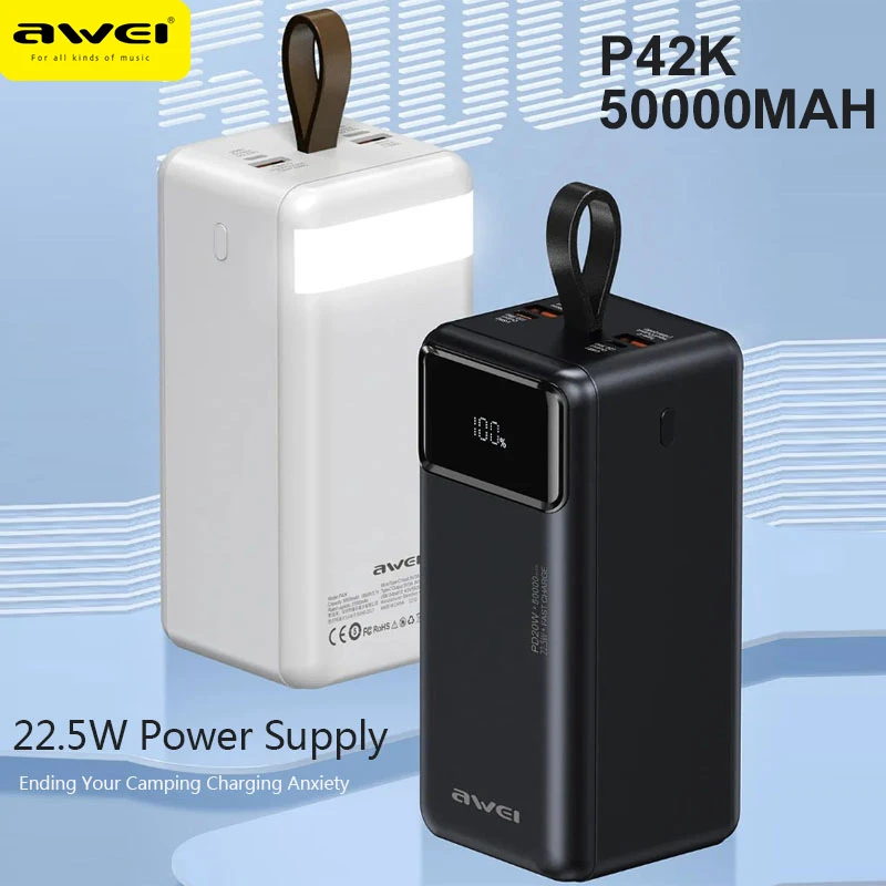 

Awei P42K Power Bank 50000mAh Portable 22.5W Fast Charging Poverbank Mobile Phone External Battery Powerbank For Huawei Xiaomi