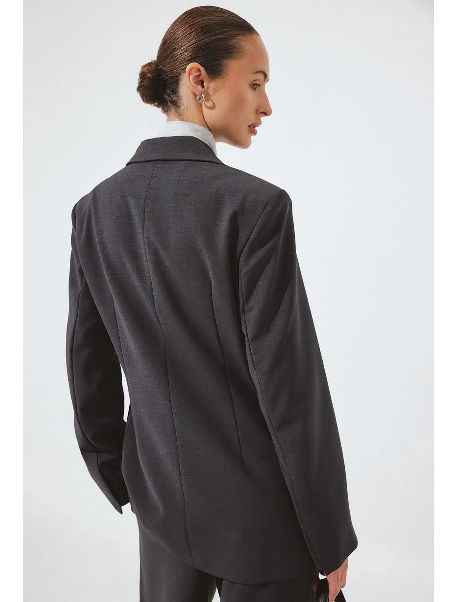 DFDG Women 2026 Spring Autumn Tie Waist Blazer Notched Lapel Wrap Side Belt Mid Length Padded Shoulder Formal Office Blazer