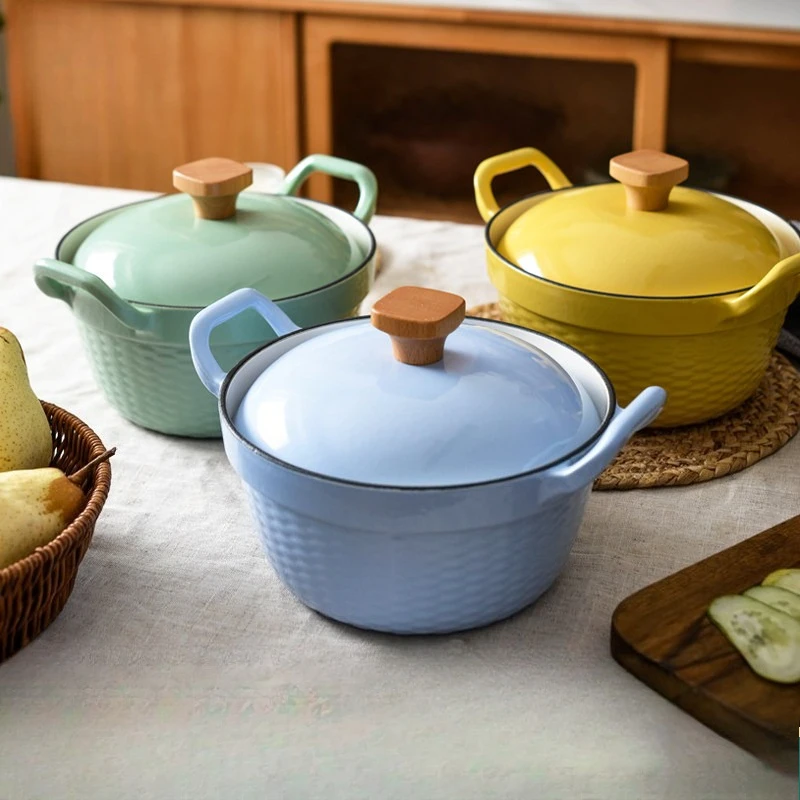 22cm Cast Iron Enamel Pot Ear Handle Stew Pot Multi-Functional Fry Cook Braise Pan Non-Stick Coating Kitchen Cooking Home Set