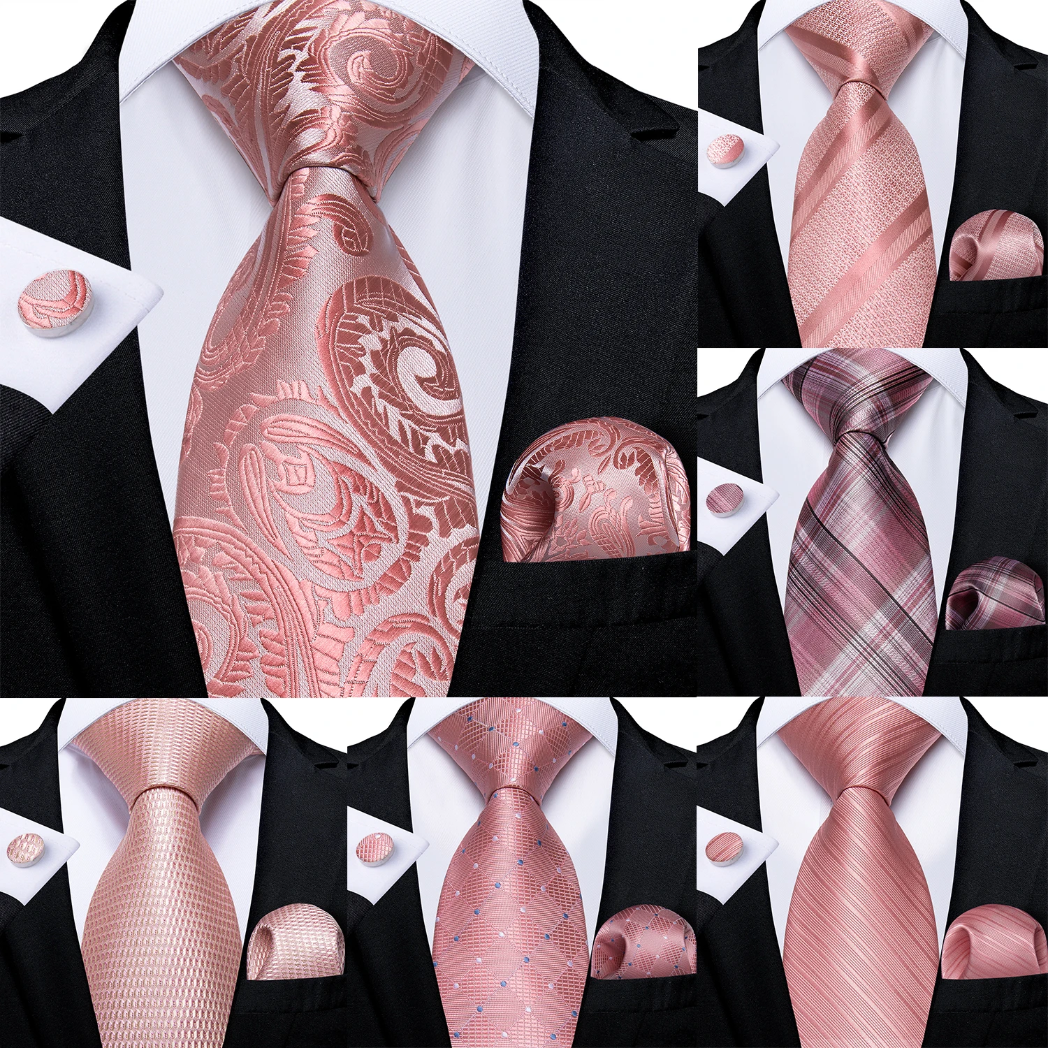 DiBanGu Fashion Peach Pink Men Gifts Tie Clip Hanky Cufflinks Coral Tie 100% Silk Necktie Gravat Business Wedding Party Tie Set