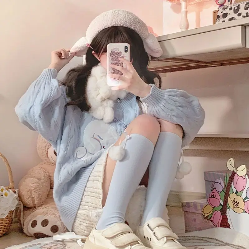 Sanrio Lolita Sweater Cinnamoroll Patch Embroidery Spring Autumn Sky Blue Knitted Sweater Kawaii Soft Girl tops Student Pullover