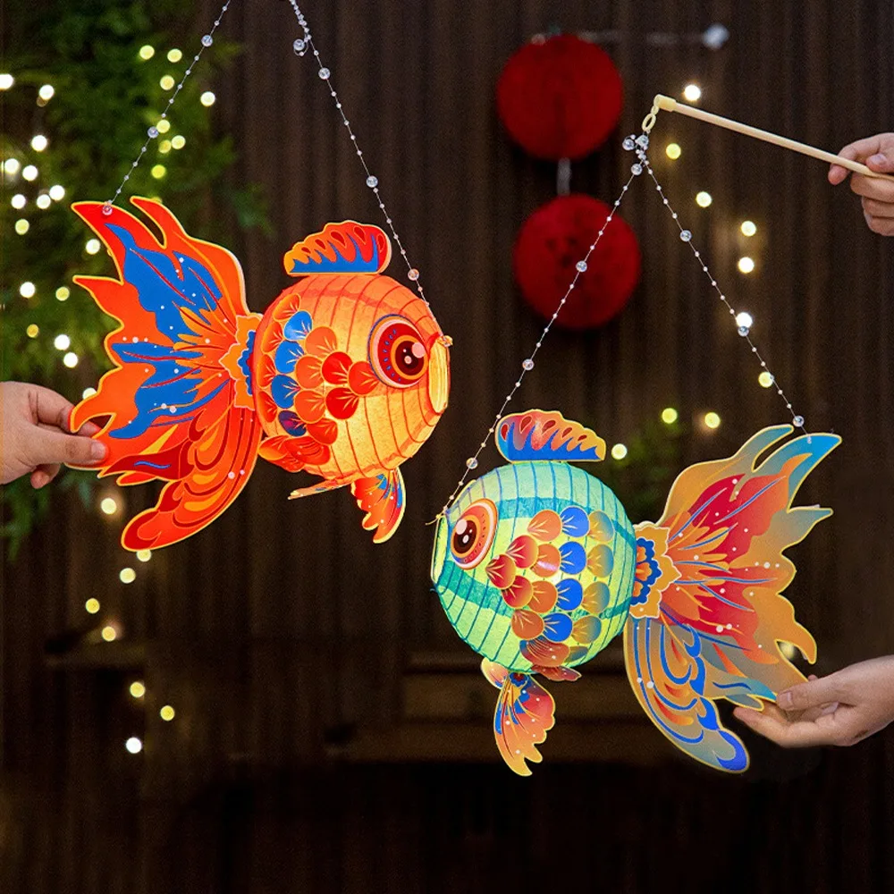 Fish-Shaped Mid-Autumn Festival Fish Lantern Material Package with Led Light Handheld Fish Lantern Good Luck Handmade