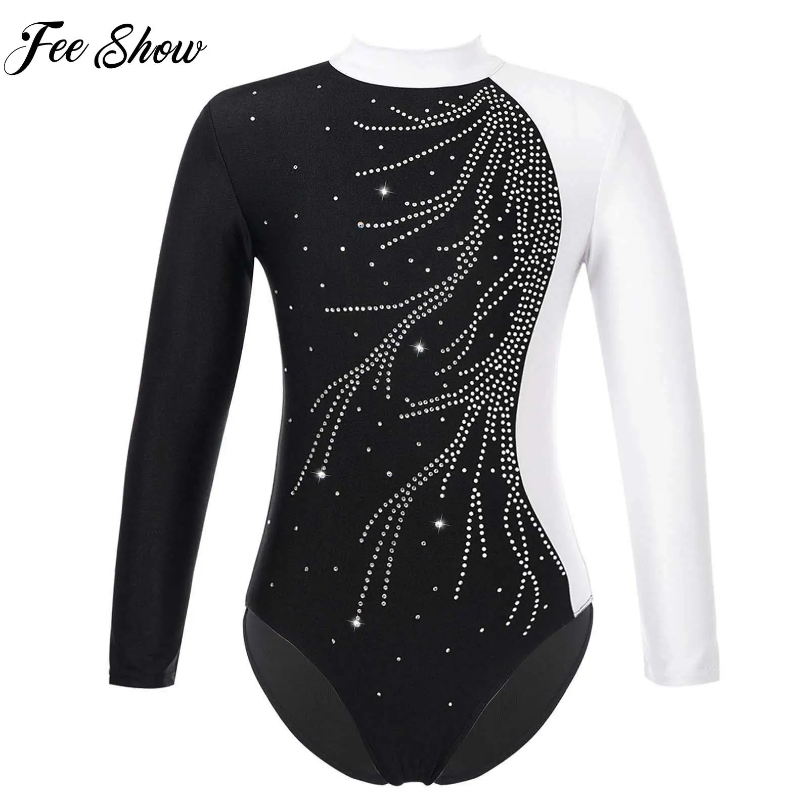 Girls Figure Ice Skating Ballet Dance Leotard Bodysuit Costume Long Sleeve Shiny Diamond Gym Jazz Modern Dance Costume Jumpsuit