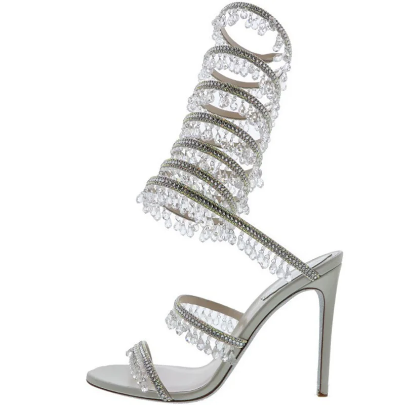 Thin high-heeled sandals summer new snake-shaped wrapped crystal pendant fringed rhinestone shoes banquet large-size women shoes view 6