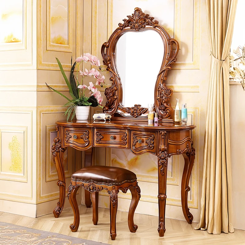 

American solid wood dresser bedroom carved luxury makeup table mirror combination villa European retro dressing cabinet