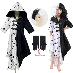 Anime Cruella De Vil kostium z krótkim Cruly pół czarny i w połowie biały peruka do Cosplay Cruella Cosplay czarne białe sukienki księżniczki