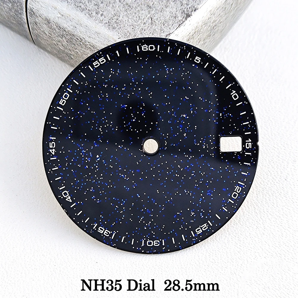 NH35 28.5MM Premium Galaxy Star Sand Watch Dial Sparkling Blue Star Dot Watch Face Date Position for NH35 NH36 Movement