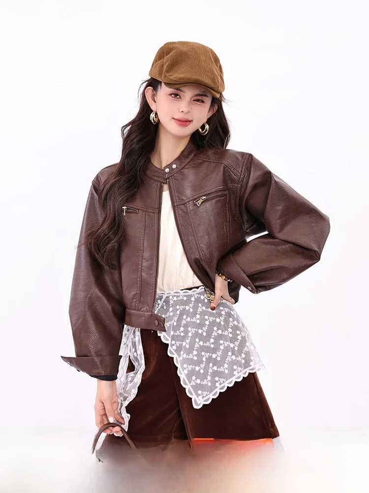 

American Retro Brown Leather Jaet Women's 2025 New Sle Motorcycle Clothes Top Mian Jiajie Inheritance ort Coat
