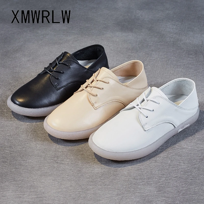 

XMWRLW Women's Flat Shoes 2022 Spring Autumn Genuine Leather Ladies Comfortable Shoes Women Autumn Casual Lace up Flat Shoe